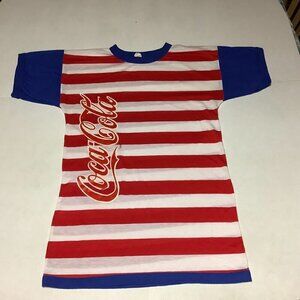 Vintage Coca Cola Ringer Baseball Striped T Shirt Size L 12-14 Red/White/Blue
